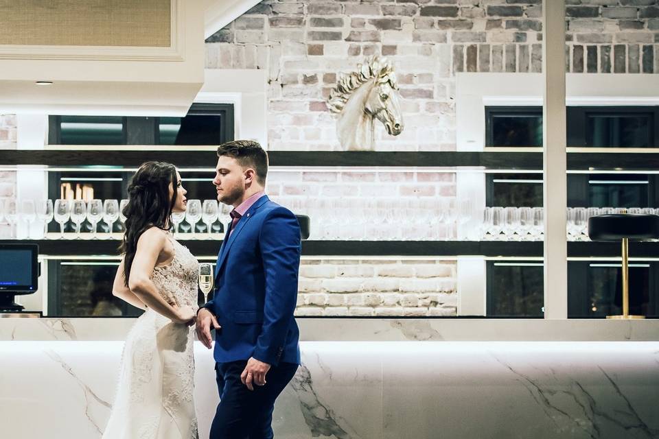 Bride and groom by the counter