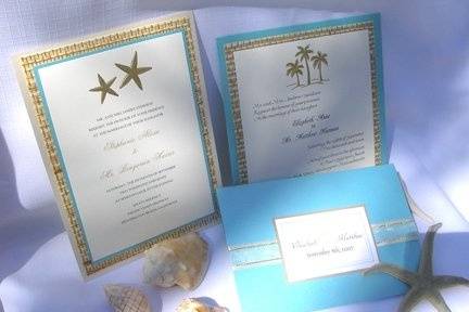 Whether you're having a tropical destination wedding or home by the sea, we can design a unique beach themed invitation and matching favors just for your special day!