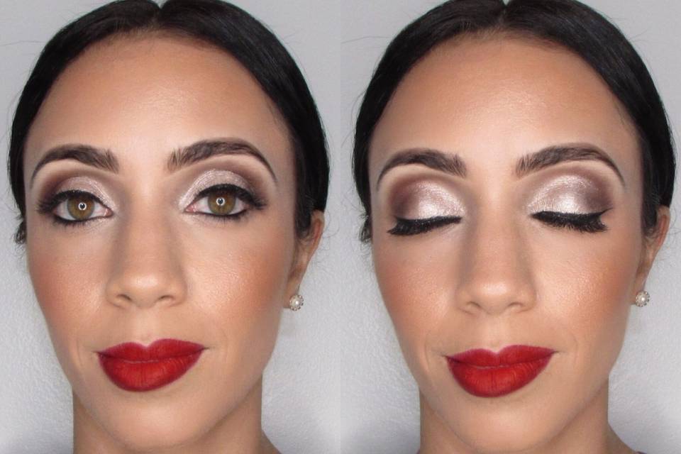 Bold red lip and metallic eyeshadow