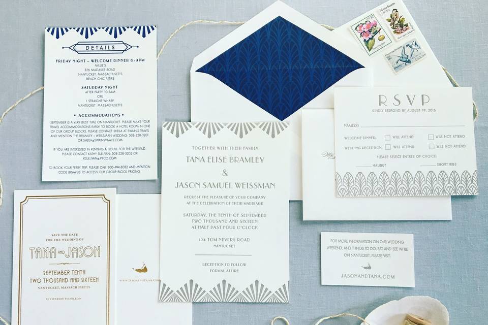 Art deco wedding invitation in navy and gray