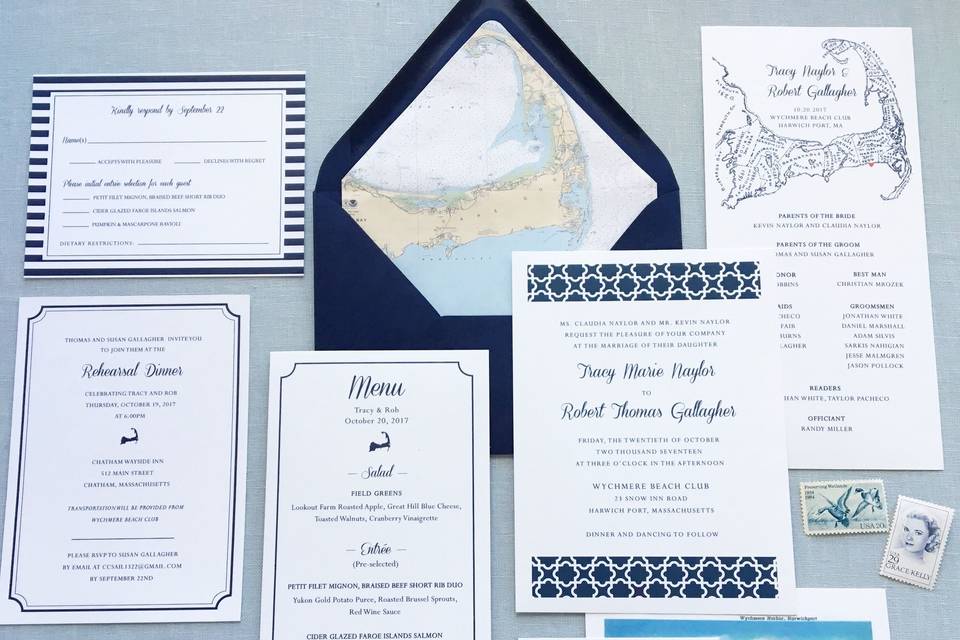 Nautical blue and white wedding invitation