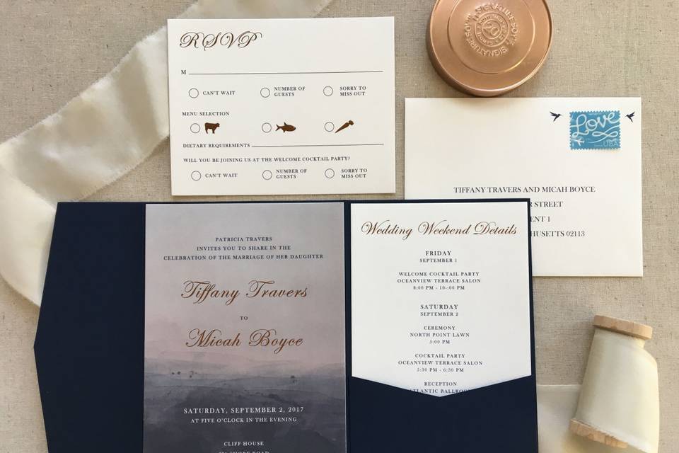 Ombre wedding invitation with gold foil details