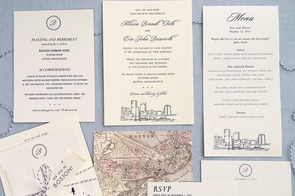 Boston city skyline wedding invitation