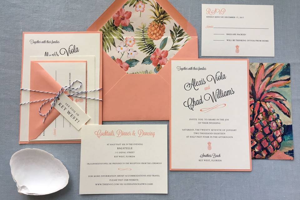 Tropical coral and navy wedding invitation suite