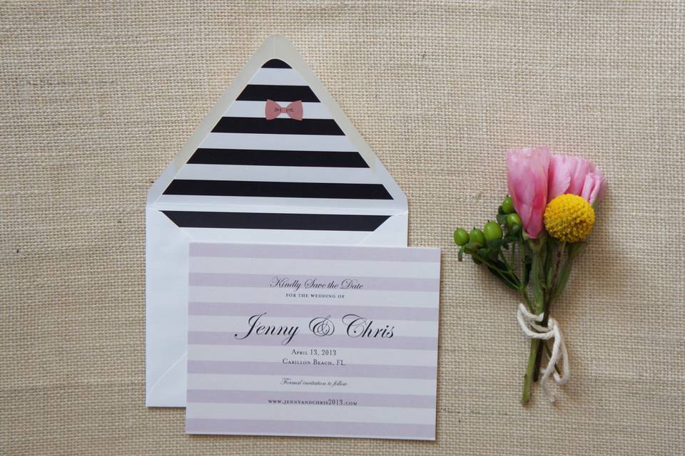 Preppy save the date cards with stripes and bow detail