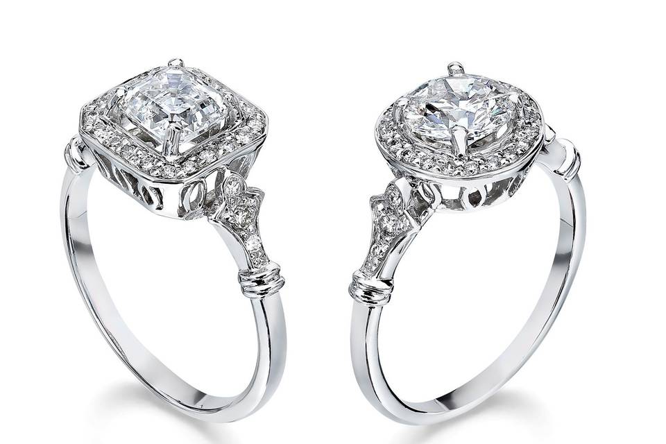 Vintage Reprise setting in platinum, available in any shape stone you would like!