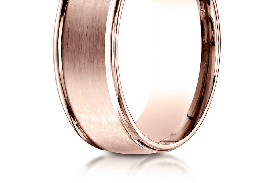 Satin finish mens band with a high polish lip in rose gold.