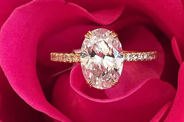 Oval diamond in a yellow gold micro-pave setting.  Available in any shape diamond you'd like!