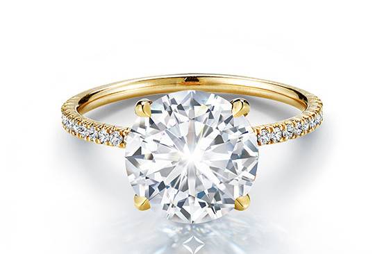The 3.02 Carat Round Brilliant Forevermark Douglas Elliott Solitaire setting features a beautifully thin band that accentuates our hand set micro pave