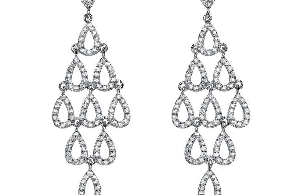 Diamond Raindrop EarringsBeautiful interlocking raindrop shapes make up these lightweight chandelier earrings. Sterling silver with a platinum overlay, encrusted with Austrian crystals. Post backings, 2.5 inches long.