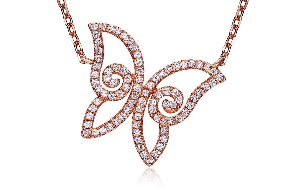 Rose Gold Butterfly PendantThis whimsical butterfly pendant floats on a 16 inch chain and features micro pave white crystals.