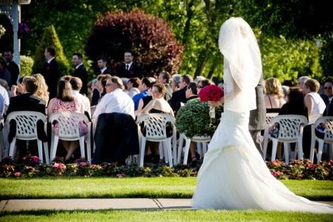 Our real bride here wanted a longer Bubble veil to accompany her look.  We created a longer Bubble veil and she loved the look for her outdoor garden wedding.