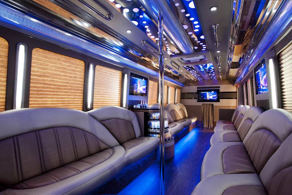 Thirty-passenger party bus interior