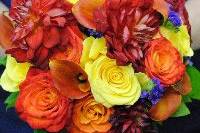 Orange and yellow roses, Mango calla lilies, dhalias, purple statice bouquet