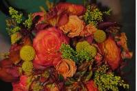 Deep orange Roses, orange spray roses, yellow solidago, yellow billyballs, kangaroo paw, alstromeria
