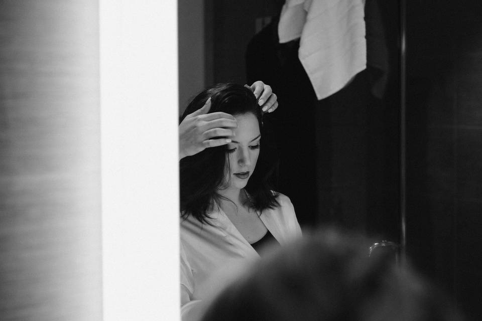 Bride getting her hair done