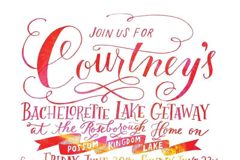 Invitation for a bachelorette getaway, featuring modern calligraphy and hand lettering.
