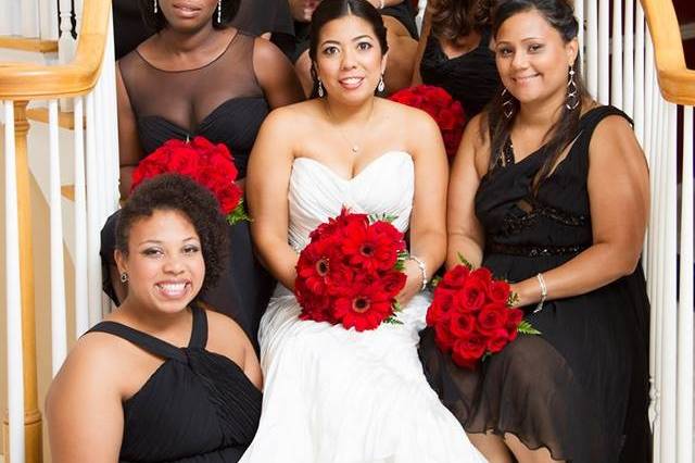 Bride and bridesmaids on a staircase