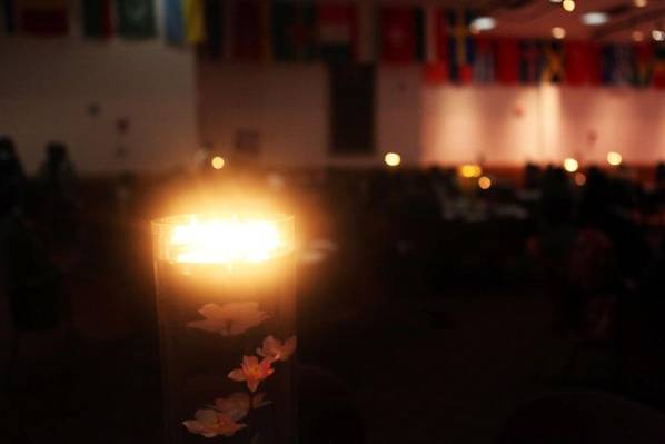 Candle-lit centerpieces for an evening reception in Newark, NJ