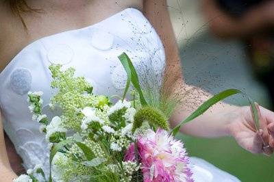 Dahlia, hydrangea and grasses hand tied bridal bouquet