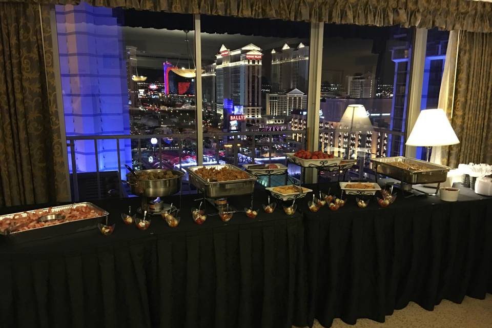 Buffet area with a view of the city