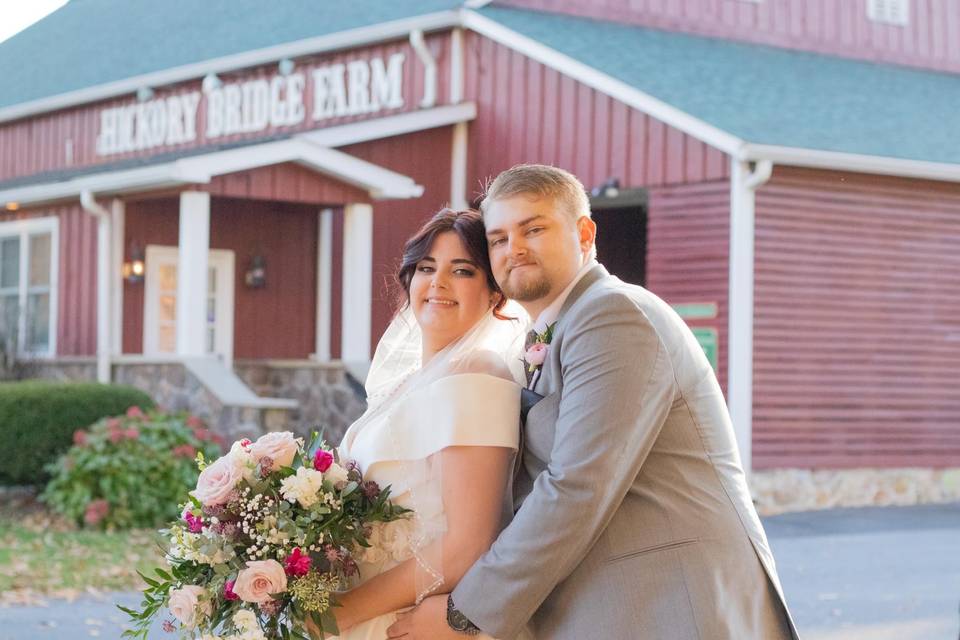 Happy couple by restaurant