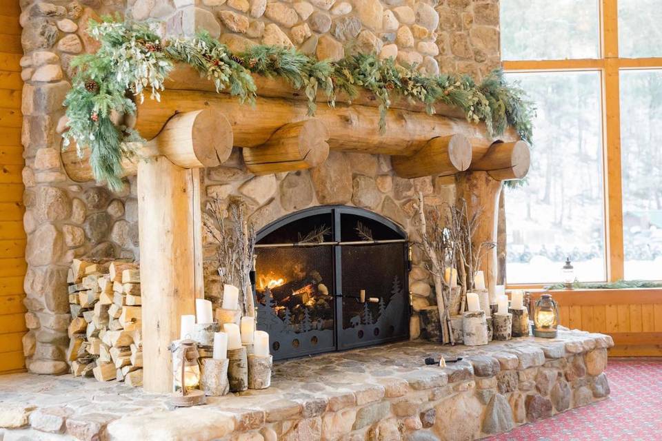 Ceremony in front of fireplace