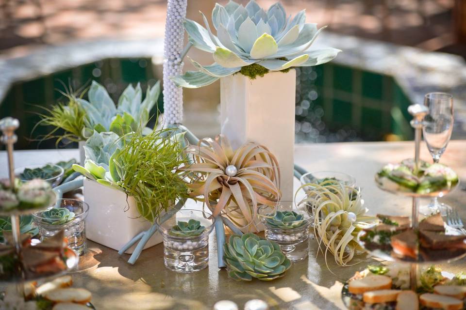 Tablescape using succulents and pearls in the Courtyard of Casa Palmero, The Lodge at Pebble Beach.