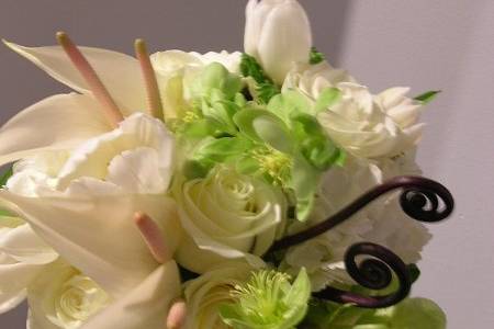 uluhe fern, white anthurium, green heleborous, white rose, white ranuncula, white tulips