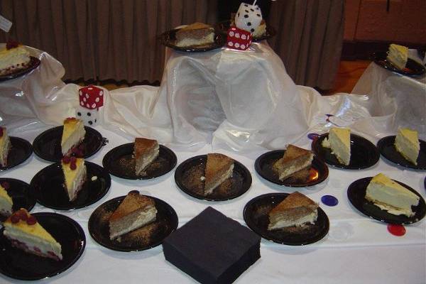This reception was held at a casino.  The bride had 7 different cheesecakes for her guests to choose from.