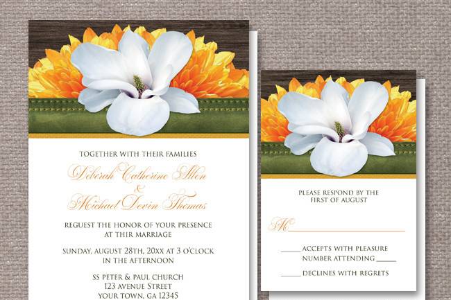 Southern-inspired floral Wedding Invitations and optional matching RSVP reply cards, designed with a large white magnolia flower over brilliant orange mums with yellow highlights, sectioned off with a green stitched leather stripe, over a dark brown wood textured background.A great design for Spring, Summer, and even Autumn (Fall) wedding themes.