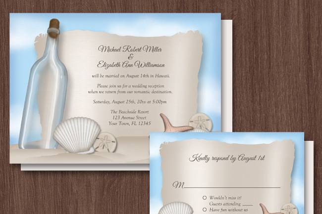 Elegant Beach Wedding Reception Only (Post Wedding) invitations (with optional matching RSVP reply cards) for a beach themed wedding with sea shells, sand dollars, a starfish, and a clear bottle with a message, over a blue sky.These invitations are used when the couple has a destination wedding or a small private ceremony, and only invite their guests to the post wedding, reception celebration.A great design for Spring and Summer wedding themes.