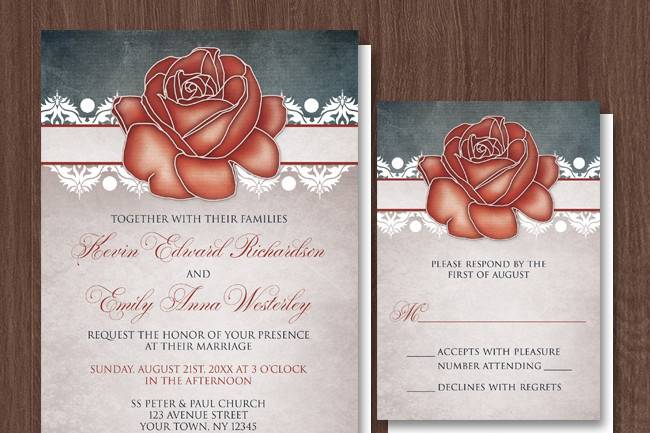 Country-inspired Wedding Invitations and optional matching RSVP reply cards, designed with an eclectic mix of rustic, vintage, and modern elements. They feature a stylized artistic red rose at the top over a band lined with white damask florals. The background is designed with a dark navy blue canvas texture illustration and a beige vintage parchment illustration.A perfect design for 