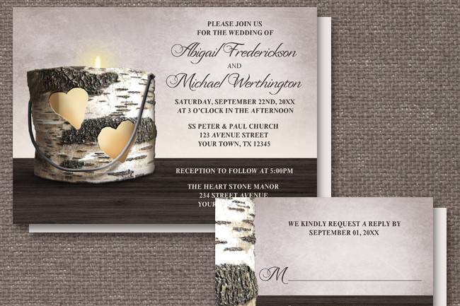 Rustic Southern country inspired Wedding Invitations and optional matching RSVP reply cards, designed with an illustration of a white birch bark candle holder with 2 hearts cut from it, and a candle lit inside of it, on a dark wood grain tabletop, over a mocha beige rustic background.
