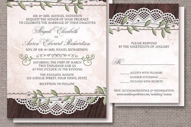 Elegant rustic and vintage Wedding Invitations and optional matching RSVP reply cards, refined and formal, designed with an illustration of vintage stitched paper, etched green metal leaves, pearls, a lace doily, over a dark cherry wood texture design.A great design for Spring and Summer wedding themes.