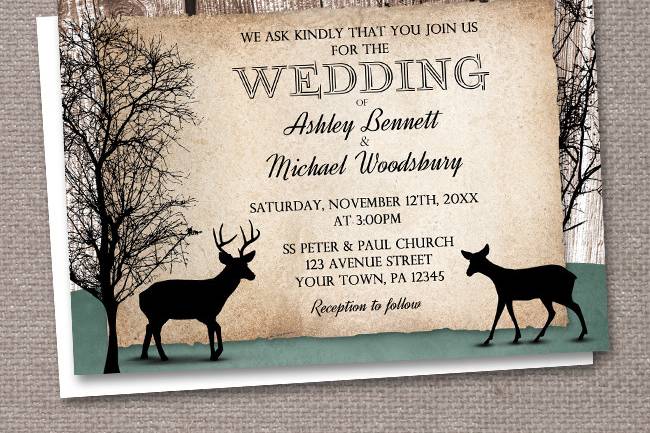 Rustic woodsy Wedding Invitations (with optional matching RSVP reply cards) designed with silhouettes of a buck deer with antlers, a doe, and 2 Winter trees over a wood brown background and a faded hunter green design at the bottom. Your wedding details are custom printed over a tattered rustic paper illustration.