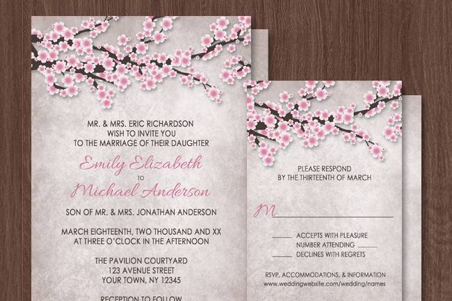 Rustic vintage Spring or Summer Wedding invitations with optional matching RSVP reply cards, featuring an illustration pink and white with dark brown cherry blossom branches along the top, over a stoney grayish brown almost marble-like texture image.A perfect design for Pink, Pink and Brown, Spring, and Summer wedding themes.