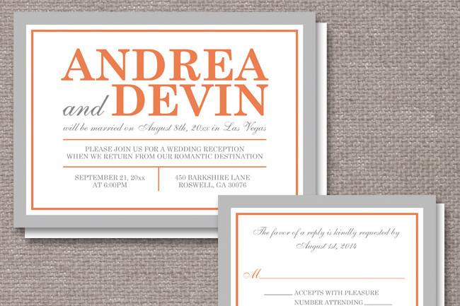Wedding reception ONLY invitations and optional RSVP reply card, with a simple minimalist orange and gray typography design. These invitations are used when the couple has a destination wedding or a small private ceremony, and only invite their guests to the post wedding, reception celebration.
