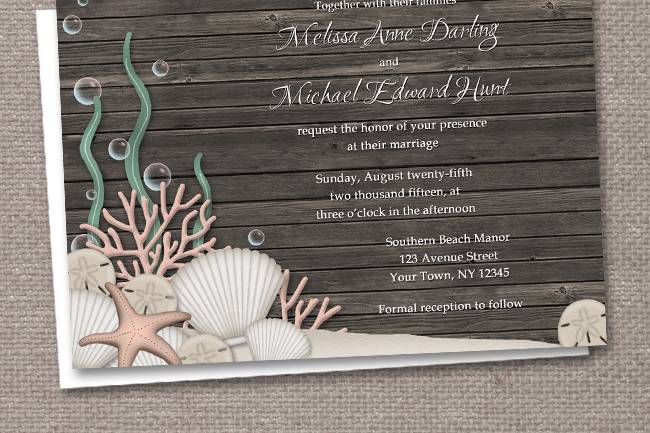 Rustic beach Wedding invitations with optional matching RSVP reply cards, designed with a rustic 