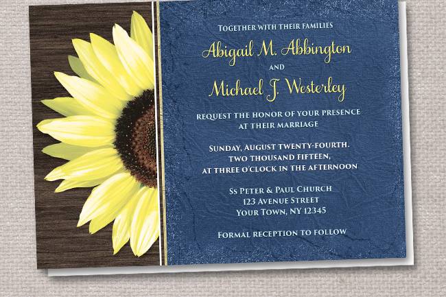Country-inspired rustic Wedding invitations with optional matching RSVP reply cards, featuring a tattered blue cloth illustration, and a vibrant bright yellow sunflower over a textured dark brown wood design.A perfect design for floral, 
