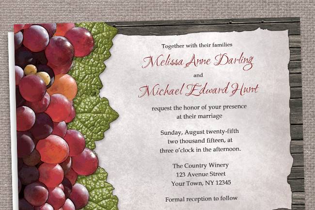 Rustic Winery Wedding invitations with optional matching RSVP reply cards, designed with a rustic grapes, and green leaves over a torn parchment paper design on wood.