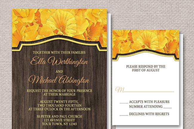 Elegant Beach Wedding invitations (with optional matching RSVP reply cards) designed with a floral yellow daffodil theme with the flowers at the top and a dark brown wood frame area over it with your invitation details in yellow and light orange.A great design for Summer and Autumn wedding themes.