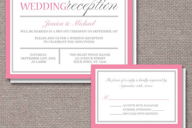 Wedding reception ONLY invitations and optional RSVP reply card, with a simple minimalist pink and gray typography design. These invitations are used when the couple has a destination wedding or a small private ceremony, and only invite their guests to the post wedding, reception celebration.