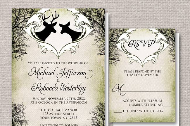 Rustic woodsy Wedding Invitations (with optional matching RSVP reply cards) designed with silhouettes of a buck deer with antlers and a doe in a white silhouette frame, over a rustic brown and green canvas design bordered with winter tree silhouettes.