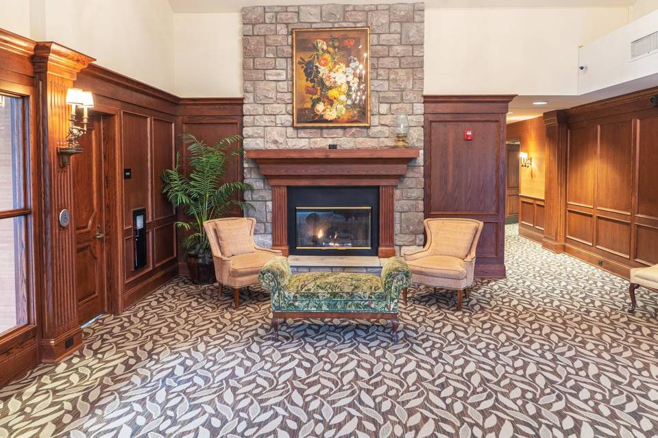 Lobby with cozy fireplace