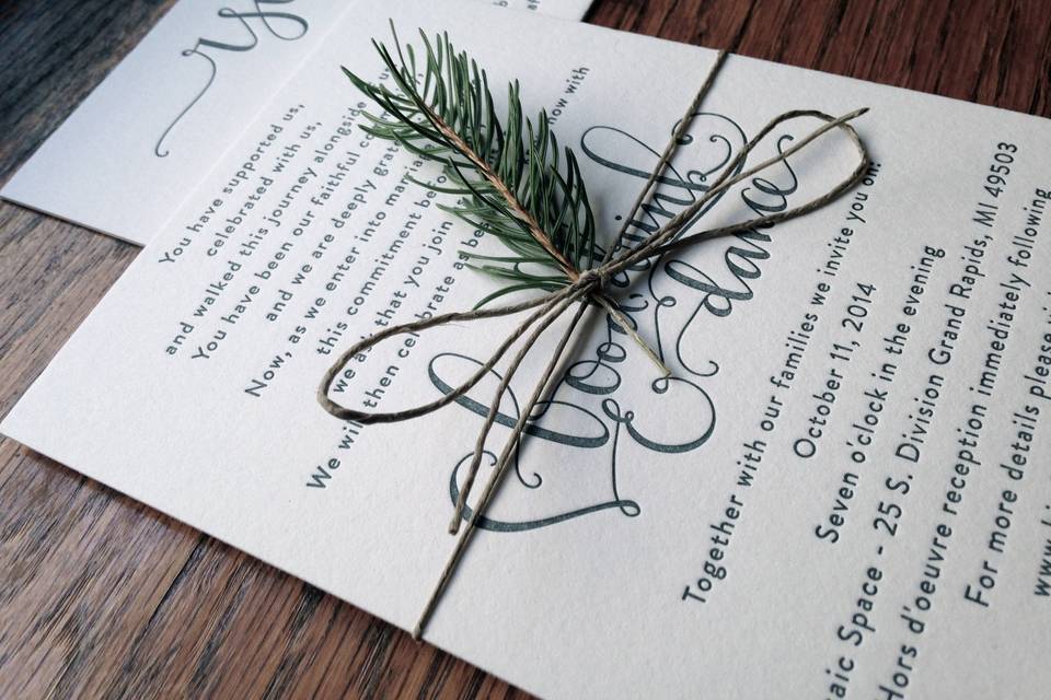 Letterpress with custom lettering wedding invitations and matching RSVP card.