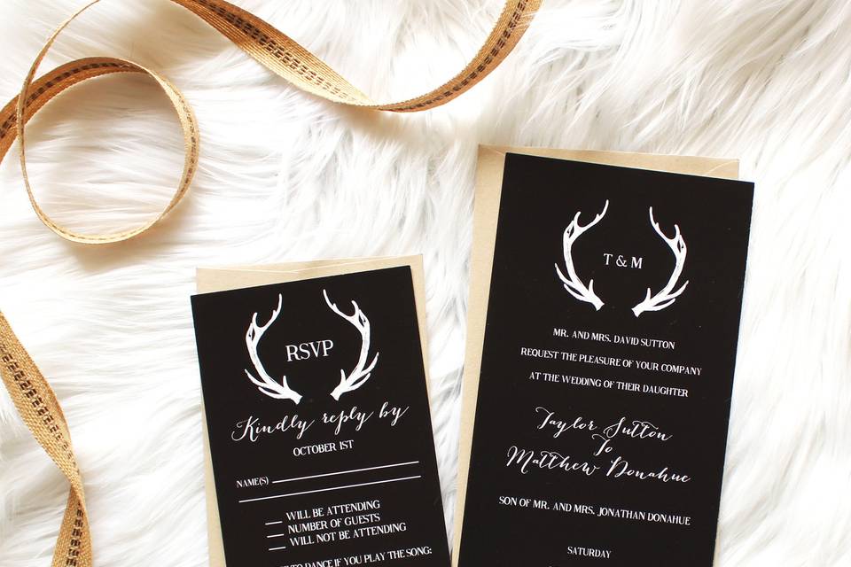 Black invitation with white text