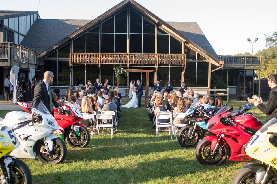 Alyx and Rusty had a one of a kind ceremony complete with motorcycles at their Snow Trails wedding.