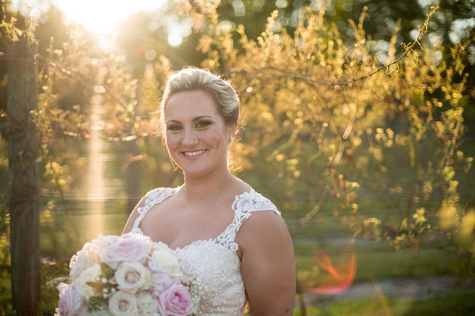 A beautiful bridal portrait with a glowing sunset.