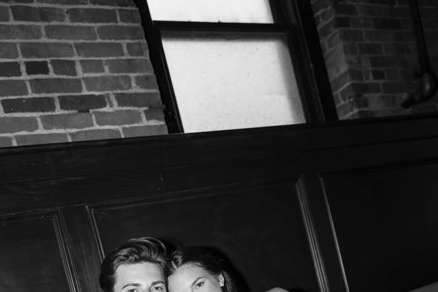 Library bride & groom sitting
